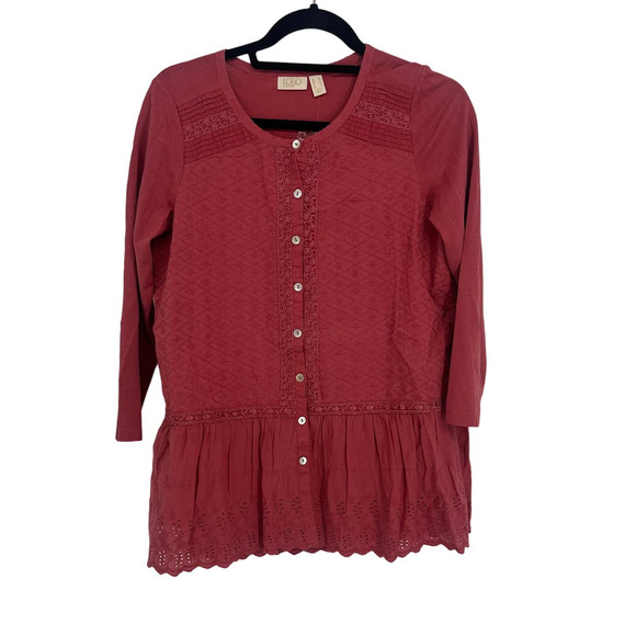 NWOT Logo Lavish Lori Goldstein top size XS red Tunic Boho Peasant Shirt Eyelet - Picture 1 of 6